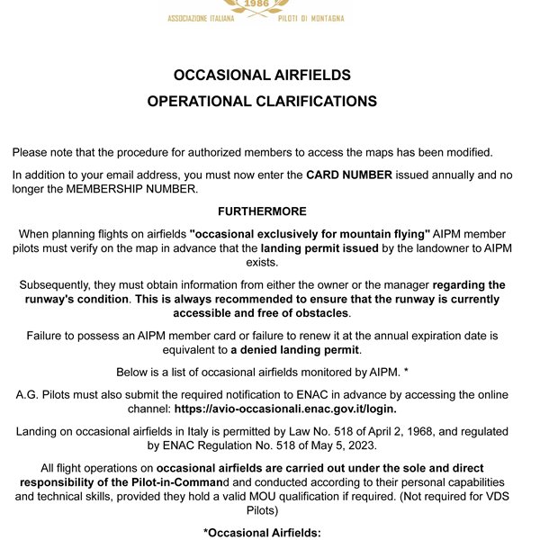 OCCASIONAL AIRFIELDS - OPERATIONAL CLARIFICATIONS